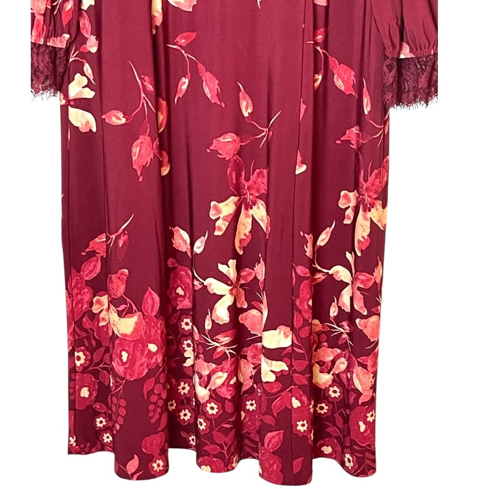 Susan Graver Floral Midi Dress‎ Womens XL Burgundy Velvet Trim Lace Cuff - Picture 12 of 14